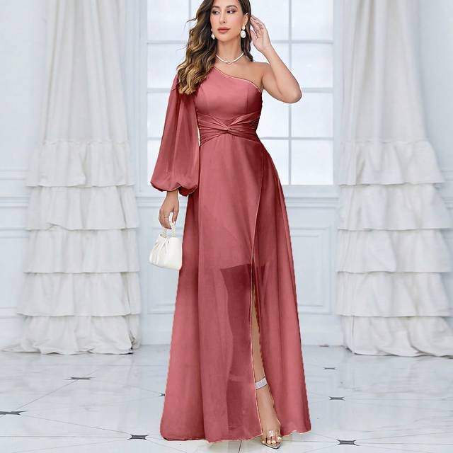SHEIN One Shoulder Lantern Sleeve Twist Front Chiffon Bridesmaid Dress
