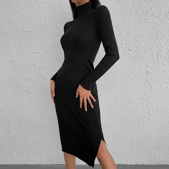 Delad Rib-Knit Enkel Elegant Sweater Klänning - Svart (En-Storlek)