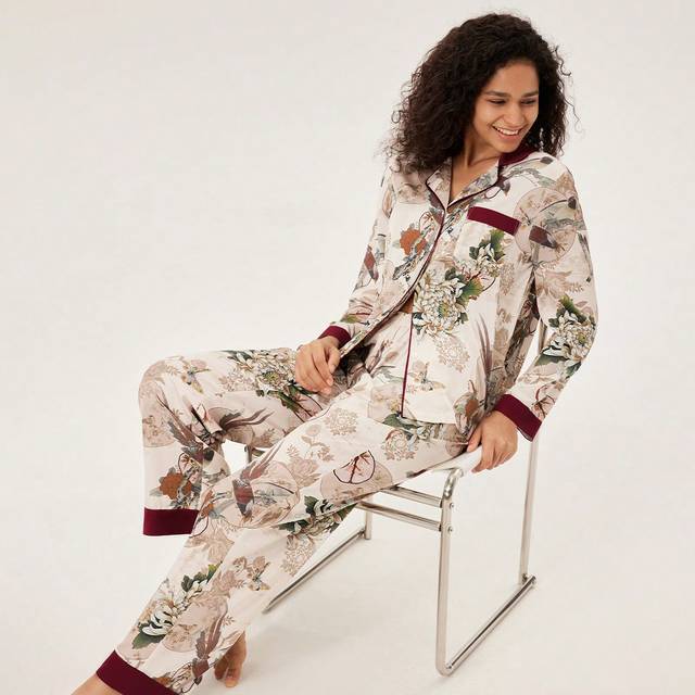 LUVLETTE Chinese Ink Painting Flora Print Satin Long Women Pajama Sets Lounge Sets For Women Lingerie