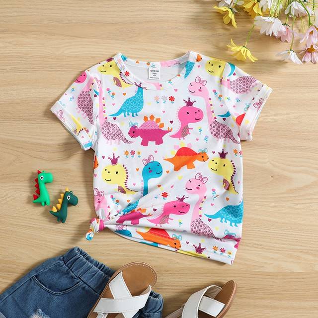 SHEIN Young Girl Cute White Dinosaur Print T-Shirt For Summer