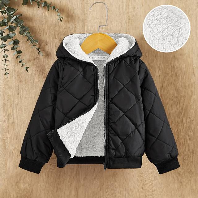 Bebis Flicka Teddyfodrad Dragkedja Huva Quiltad Jackor - Svart (6-9M,9-12M,12-18M,18-24M,2-3Y)