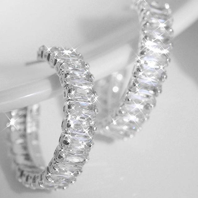 SHEIN Full Rectangle Shiny Cubic Zirconia Decor Hoop Earrings Copper Silver Plated Jewelry Gift For Women Girls