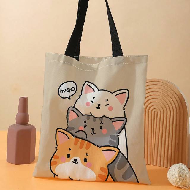 Cartoon Cute Cat Pattern Shoulder Canvas BagSkolväska, Tillbaka till skolan, Stor kapacitet, Bärbar, Vikbar, Klassisk Casual, Lämplig för tonårsflicko - Multifärgad (En-Storlek)