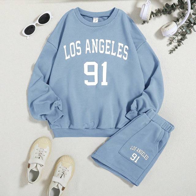 SHEIN Tween Girl Knitted Letter Printed Long Sleeve Sweatshirt And Shorts Set