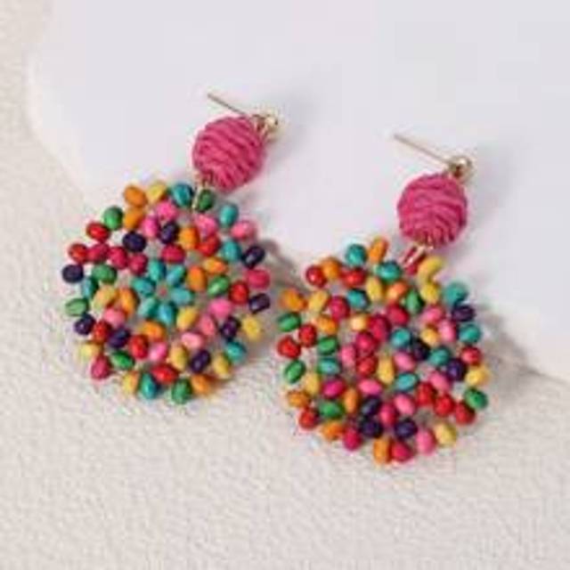 SHEIN 1pair Boho Wooden Color Block Bead Decor Round Drop Earrings For Women For Daily Decoration
