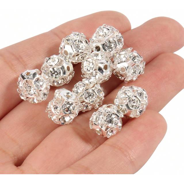 SHEIN 50pcs/lot Big Hole Silver Color Rhinestone Ball Crystal Beads for Jewelry Making Fashionable Beads for Bracelets Necklace DIY Women Accessories