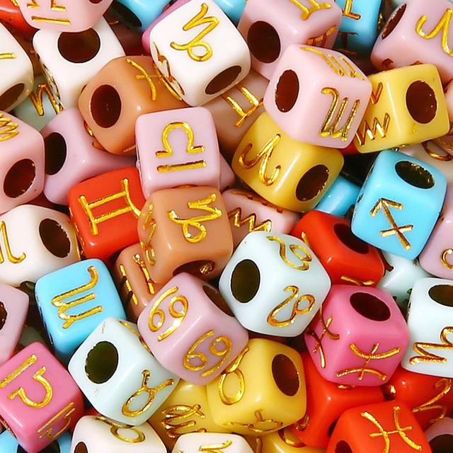 SHEIN 15g Random Mix 12 Zodiac Sign Acrylic Spacer Beads With Constellation Cube Beads 7mm For Jewelry Making, Bracelet, Necklace, Decoration Accessory