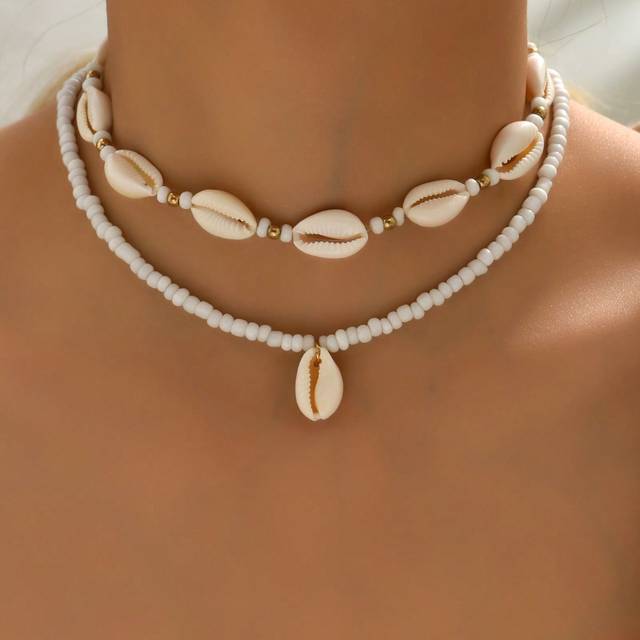 SHEIN 2pcs Bohemian Style Beaded & Shell Charm Multi-Layer Necklace For Women