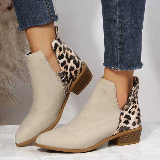 Leopard Mönster Tjocka Klackar Booties , Platt klack Elegant Beige Leopardtryck Amerikansk stil Korta stövlar För Kvinnors Mode (CN36,CN37,CN38,CN39,CN40,CN41,CN42,CN43)