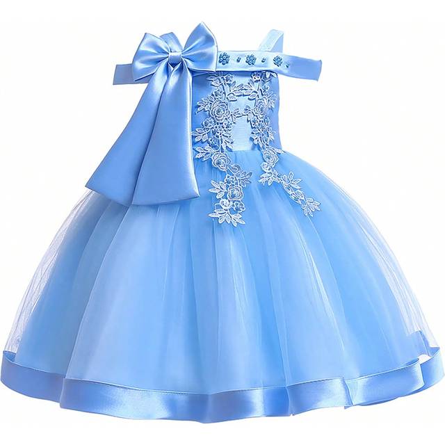 SHEIN Young Girl Solid Color Mesh & Satin Patchwork Bow Decor Sleeveless Puffy Dress, Elegant & Luxurious For Birthday Party, Does Not Include Headwear