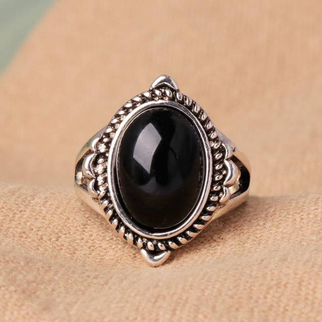 SHEIN 1pc Zinc Alloy Antique Silver Plated Black Oval Imitated Gemstone Ring, Multiple Colors Available