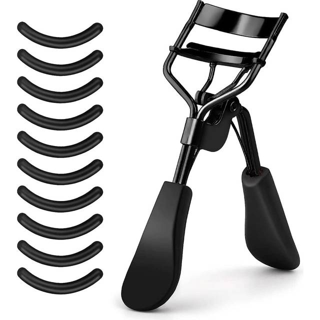SHEIN Portable Eyelash Curler With Silicone Pads, 1pc Stainless Steel Black Comfort Grip Lash Curler With 10 Extra Silicone Replacement Pads, Achieve Perfec