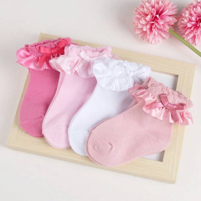 SHEIN 4pairs/pack Baby Girls&#39; Socks Simple Solid Color Lace Trimmed Socks