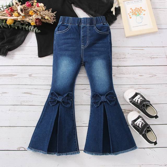 SHEIN Young Girl Y2k Vintage Deep Blue Washed Bow Knot & 3d Decorated Flared Jeans With Fringe Hem