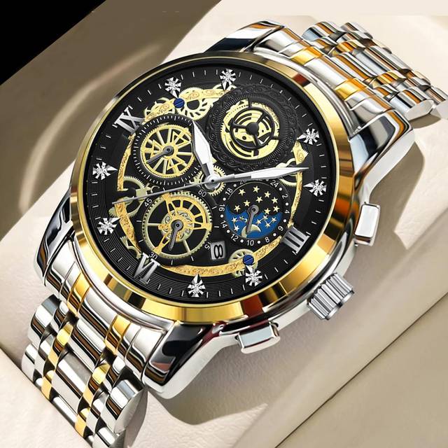BINBOND BINBOND Luxury Brand Fashionable Men&#39;s Gold Watch Stainless Steel Quartz Watch Men&#39;s Business Date Display Rhinestone Watch Men&#39;s Quartz Clock