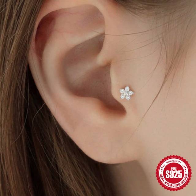 SHEIN 1pc Star Flower 925 Sterling Silver Stud Earrings Flat Back Piercing For Women Cartilage Fine Jewelry Wedding Party Anniversary Valentines
