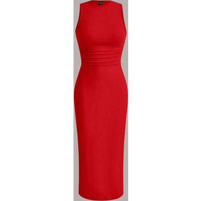 SHEIN Women&#39;s Summer Solid Crew Neck Ruched Fitted Maxi Length Casual Dress,Summer Dresses For Women