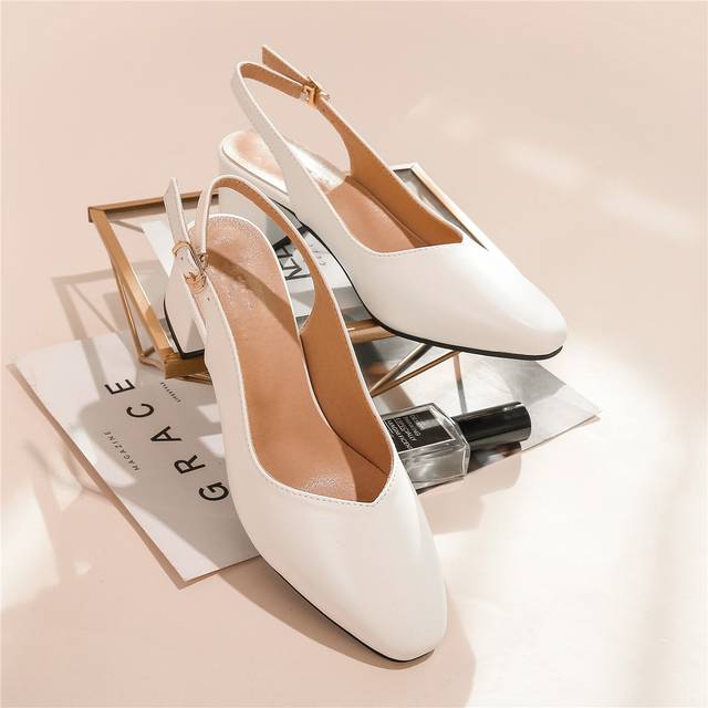 Fyrkantig Tå Tjocka Klackar Slingback pumpar , Vit Elegant Enfärgad Öppen Rygg Kvinnors Högklackade skor - Vitt (CN35,CN36,CN37,CN38,CN39,CN40,CN41,CN42,CN43)