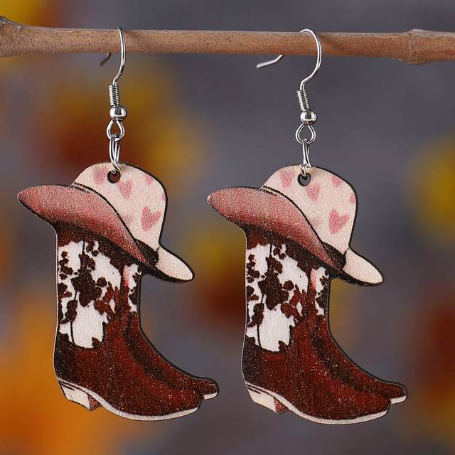 Vintage Heart Hat Boots Träörhängen Western Cowboy Boots Drop örhängen för kvinnor Flickor Teen Party Dekor - Multifärgad (En-Storlek)