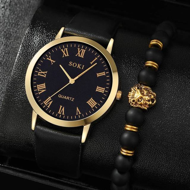 LIANDU LIANDU Men Watches 1pc Fashion Casual Quartz Round Dial Wristwatch And 1pc Lion Head Beaded Bracelet Jewelry Set, Suitable For Men Party,Holiday,Birthday Wea