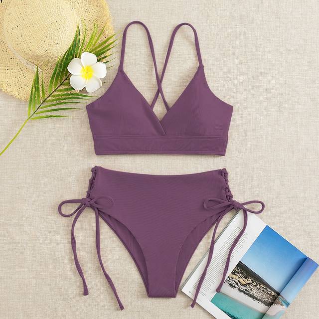 Räfflad Tankinis Uppsättningar Criss-Cross Snörning Tillbaka Cami Toppar & Knytdetaljer Botten 2 stycken Baddräkt - Mauve Lila (L,M,S,XL,XS)