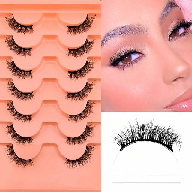 SHEIN 7 Pairs Full False Lashes 12mm Short Fluffy Half Lashes Faux Mink Cat Eye Look Tail Elongated Strip Lashes