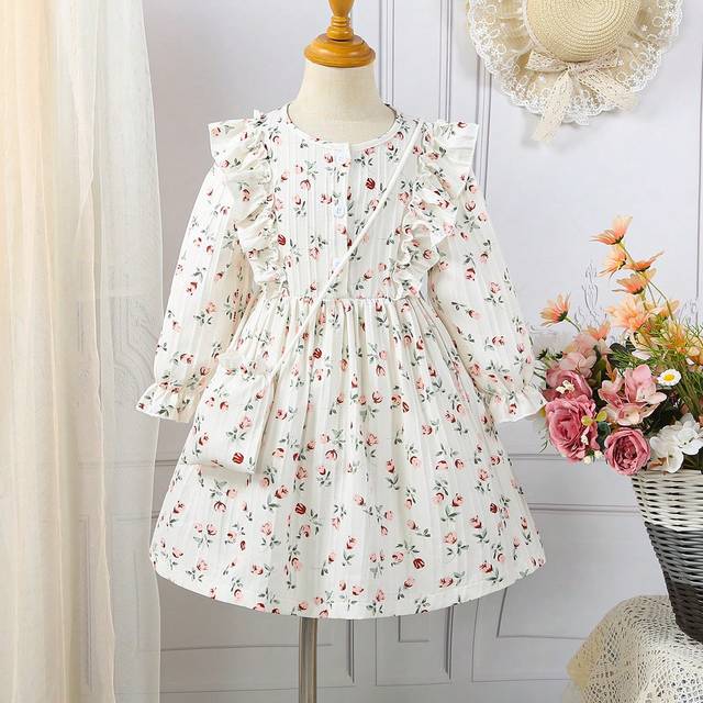 SHEIN Young Girl New Arrival Long Sleeve Loose Fit A-line Princess Dress With Floral Print