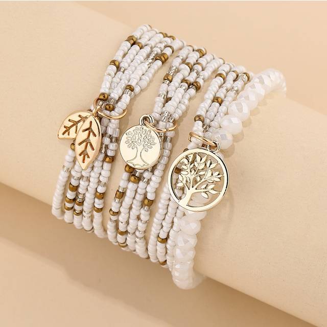 SHEIN 3pcs/set Bohemian Style Alloy Life Tree Charm Grey & White Glass Beaded Bracelet