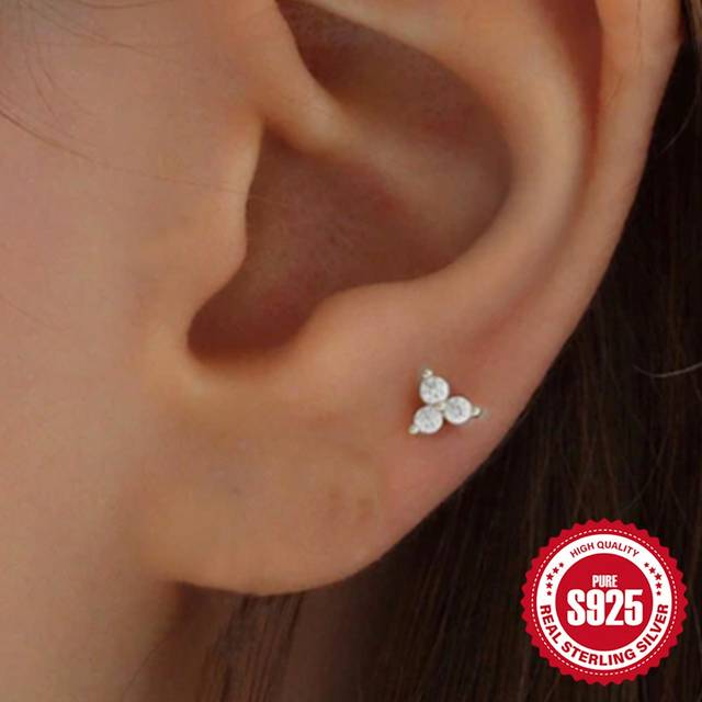 SHEIN 1pc Star Flower  925 Sterling Silver Stud Earrings Flat Back Piercing For Women Cartilage Fine Jewelry Wedding Party Anniversary Aretes