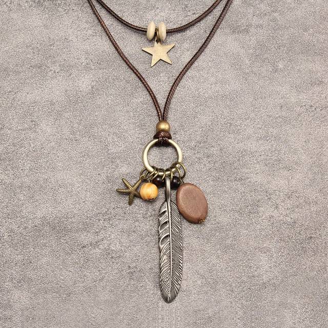 SHEIN 1pc Turquoise Feather Pendant Necklace For Women, Vintage Style Brown Beaded Wax Cord Necklace