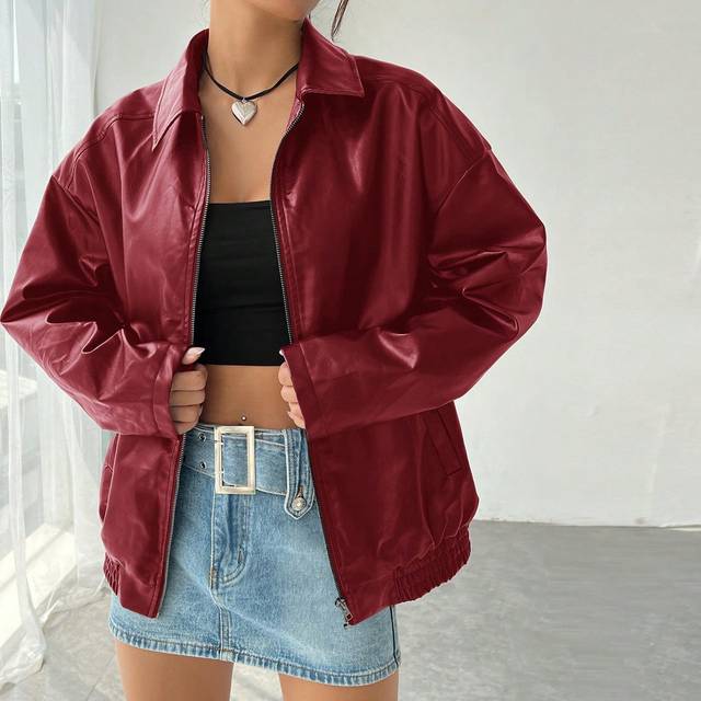 Easelle Casual Off-Shoulder Zipped PU Leather Coat