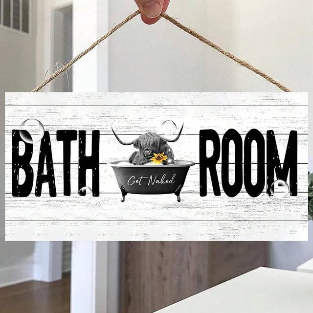 SHEIN 1pc Funny Bathroom Sign With Sunflower Highland Cow Bathing In The Bathtub, Wooden Hanging Plaque Decoration, Available In 6 X 12/4 X 8 Inches,Home De