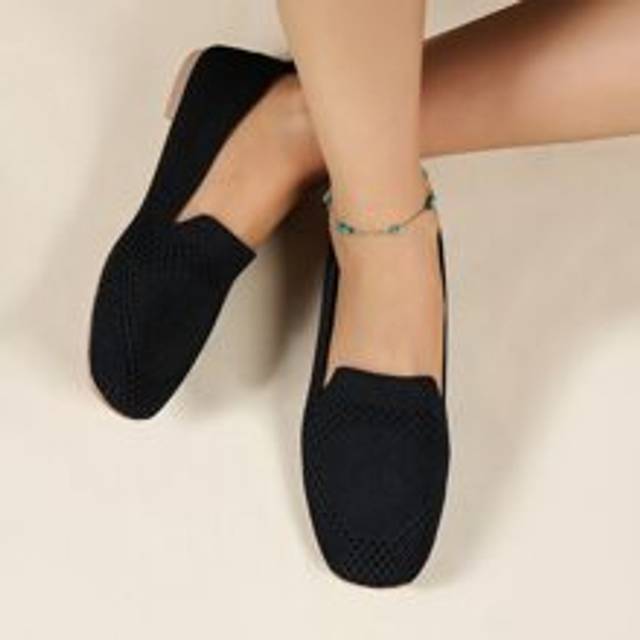 Damskor med andningsförmåga, halkfria platta skor, utomhusmode, balettlappsiga loafers - Svart (CN35,CN36,CN37,CN38,CN39,CN40,CN41,CN42,CN43)