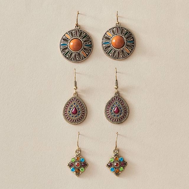TopHanqi 3pairs Bohemian Geometric Diamond Drop Earrings Retro Colored Glazed Jewelry ForÂSummerÂVacationÂTravelÂBeachÂParty