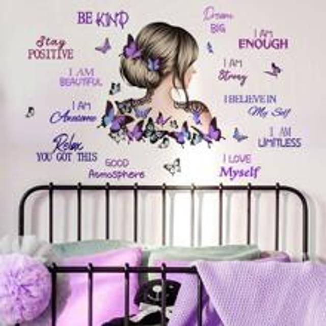 SHEIN 1set Girl Back & Butterfly English Text Decorative Wall Stickers, Stickers, Wall Decal, Vinly Decal For Home Decorations, Spring Decoration Items Refr