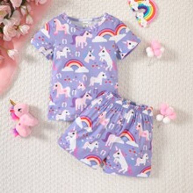 SHEIN 2pcs/set Young Girls&#39; Casual Cartoon Printed Round Neck Short Sleeve T-shirt And Shorts Summer Outfits