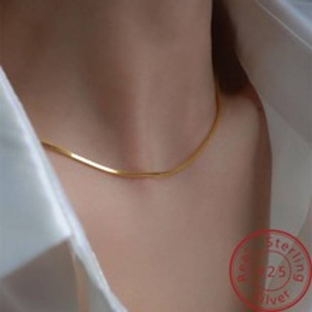 SHEIN 1 PC 925 Sterling Silver Chain Link Hip Hop Jewelry Italian 18K Gold Plated1.7mm Flat Herringbone Snake Chain Necklace For Men Women