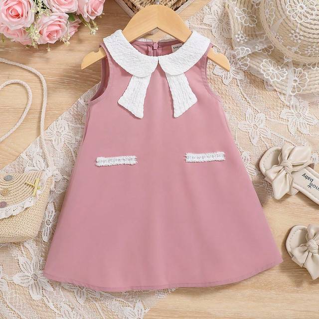 SHEIN Elegant Baby Girl&#39;s Peter Pan Collar Sleeveless Dress With Bow