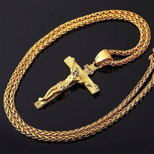 SHEIN 1pc Western Style Cross Pendant Necklace, Fashion Golden Snake Bone Chain (Titanium Steel Chain Batch Production Varies, Chain Style Randomly Shipped)