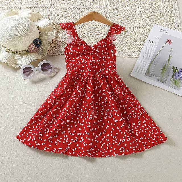 SHEIN Young Girl Confetti Heart Print Twist Shirred Dress