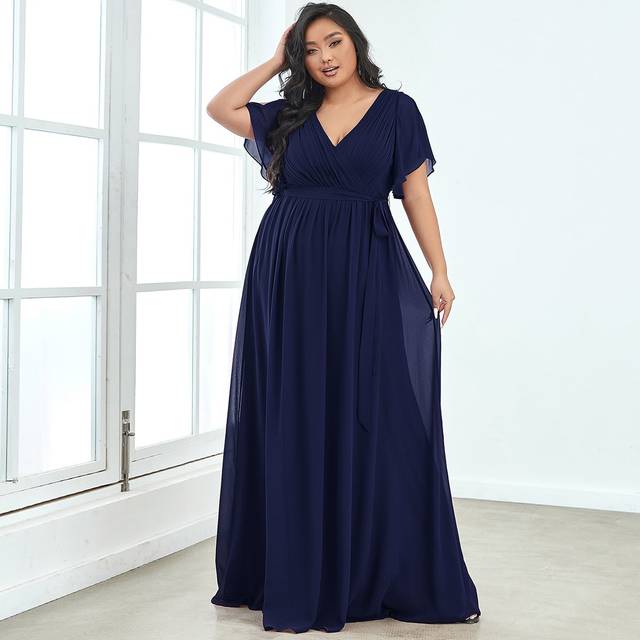 EVER-PRETTY Plus Elegant V Neck Pleated Ruffle Sleeves Floor Length Bridesmaid Formal Dresses