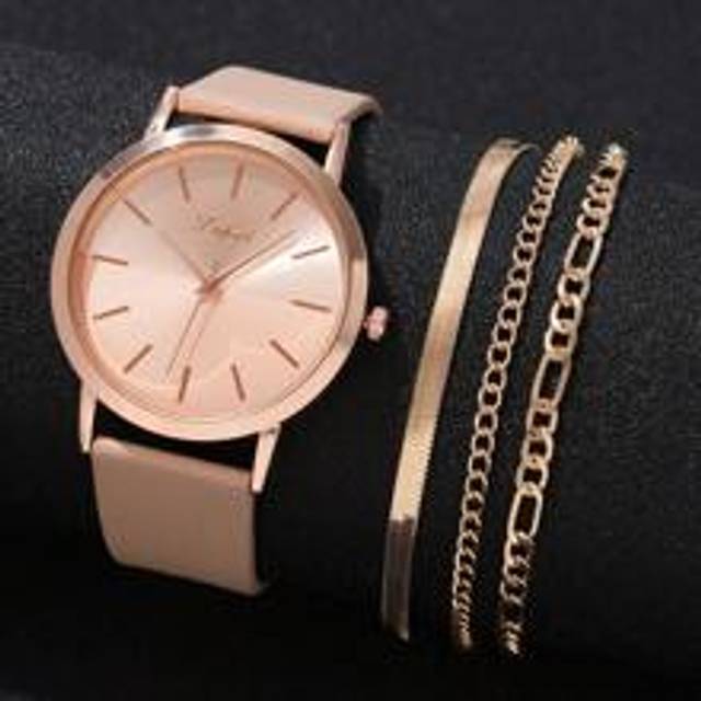 SHEIN 4pcs Ladies Watch Business Style Women&#39;s PU Leather Quartz Watch Dual Panel Dial Bar Scale Alloy Chain Jewelry Bracelet Women&#39;s Watch Set