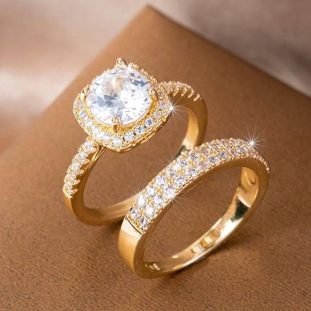 SHEIN 2pcs Square Crystal Stone Women Wedding Bridal Ring Luxury Engagement Party Anniversary