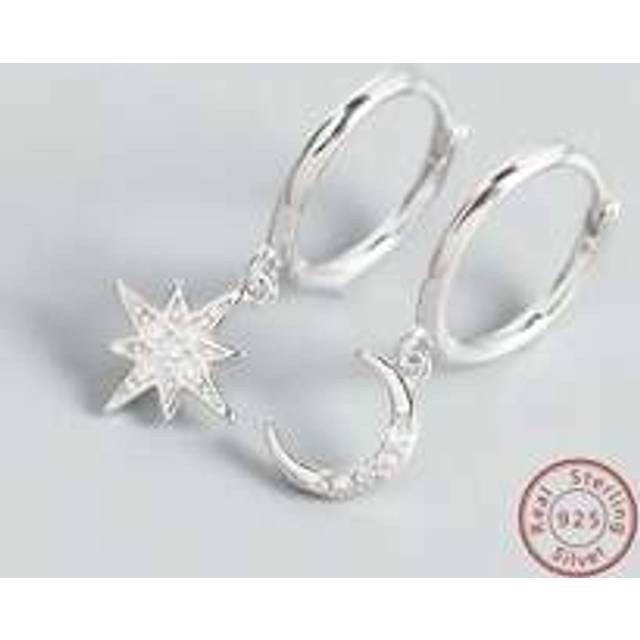 SHEIN 1pair Women&#39;s S925 Silver Stars & Moon With Diamond Inlay Butterfly Ear Clip Earrings