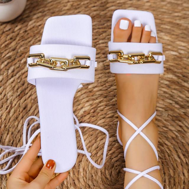 SHEIN Fashionable Outdoors Lace Up Flat Sandals For Women, Chain Decor Plain Polyester Open Toe Strappy Sandals