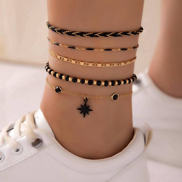 imoli 5pcs/set Boho Zinc Alloy Eight-pointed Star Charm Anklet For Women For Daily Life