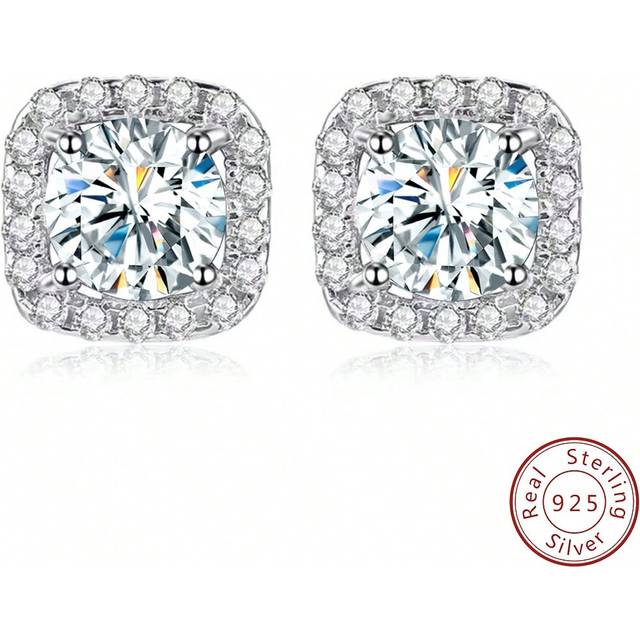 1 par Glittrande Cubic Zirconia Square Halo Sterling Silver Örhängen Trendiga Smycken För Mors Dag Present För Kvinnor För Flickor (En-Storlek)