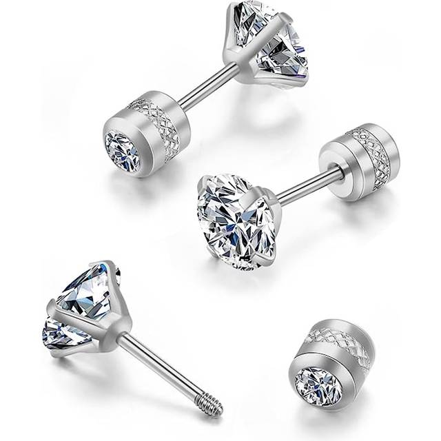 Flat Screw Back Stud örhängen för kvinnor, små unisex hypoallergena broskörhängen, Skruva på dubbla runda Cubic Zirconia Snygga Helix örhängen för män - Silver (En-Storlek)