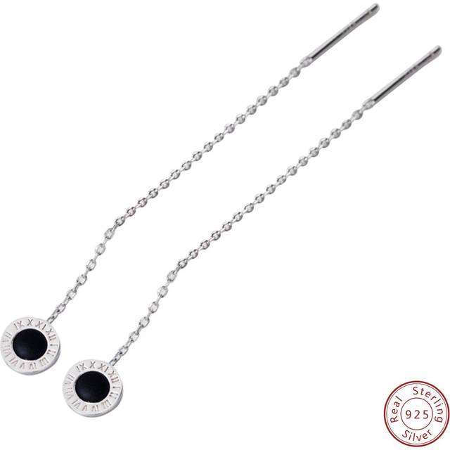 OMID 925 Sterling Silver Black Round Roman Numerals Long Earrings. Fashion Minimalist Silver Jewelry Personalized Circle Ear Line Women&#39;s Accessories Gift