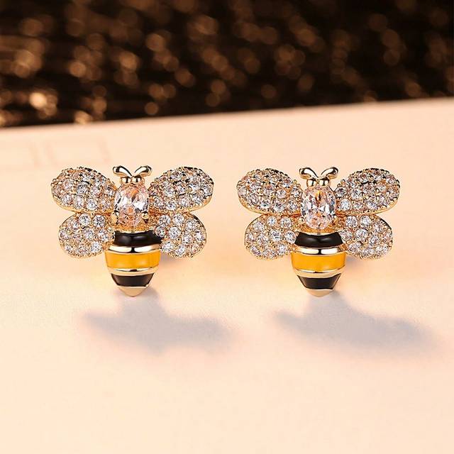 1 par glamoröst rostfritt stål Cubic Zirconia Bee Stud örhängen för kvinnor för fest - Gult guld (En-Storlek)